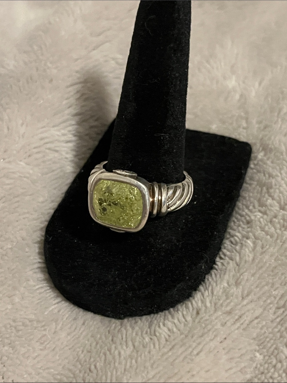 Sterling Silver Ring with Light Yellow/Green Cushion Stone - Women Jewelry
